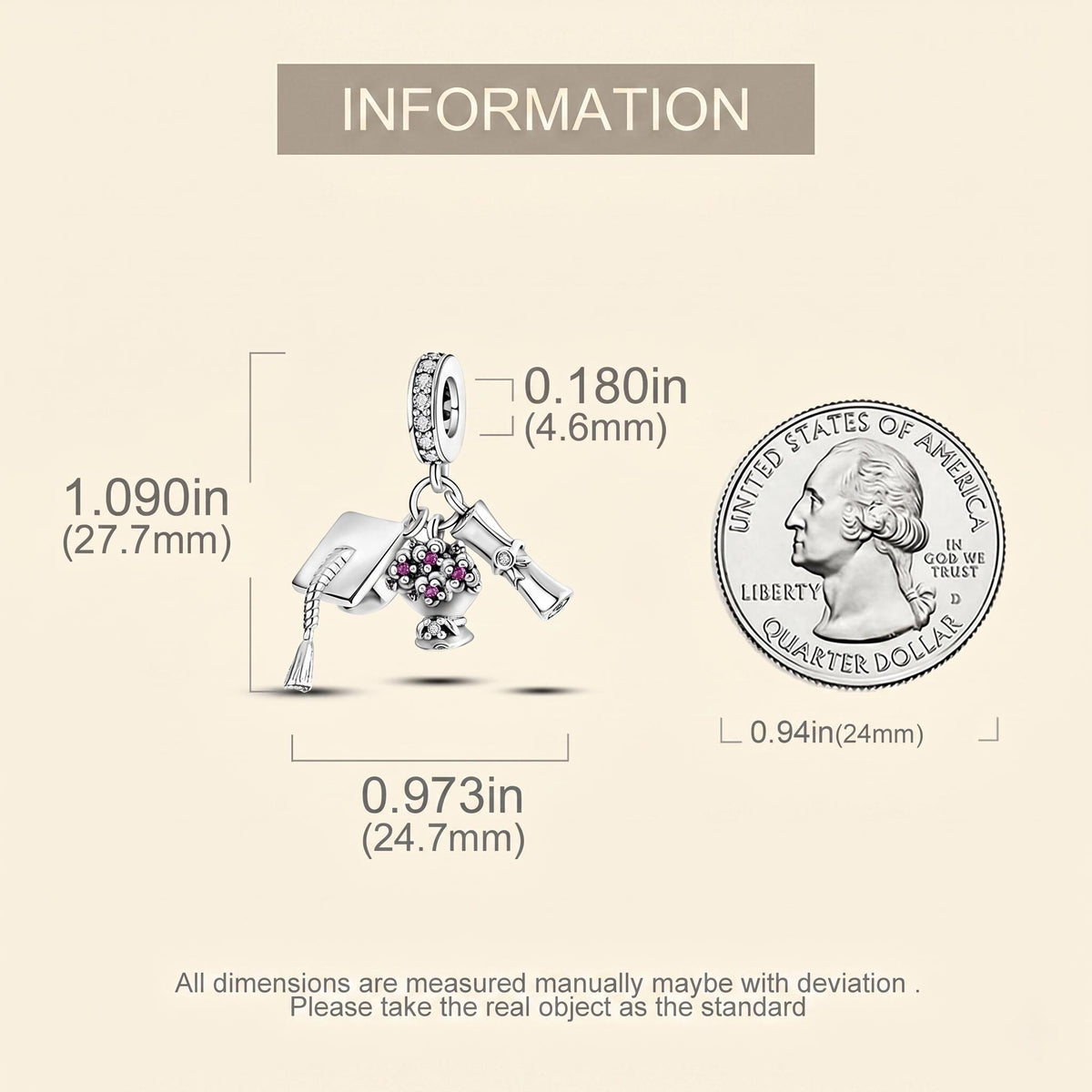 Graduation Cap Charm size and details