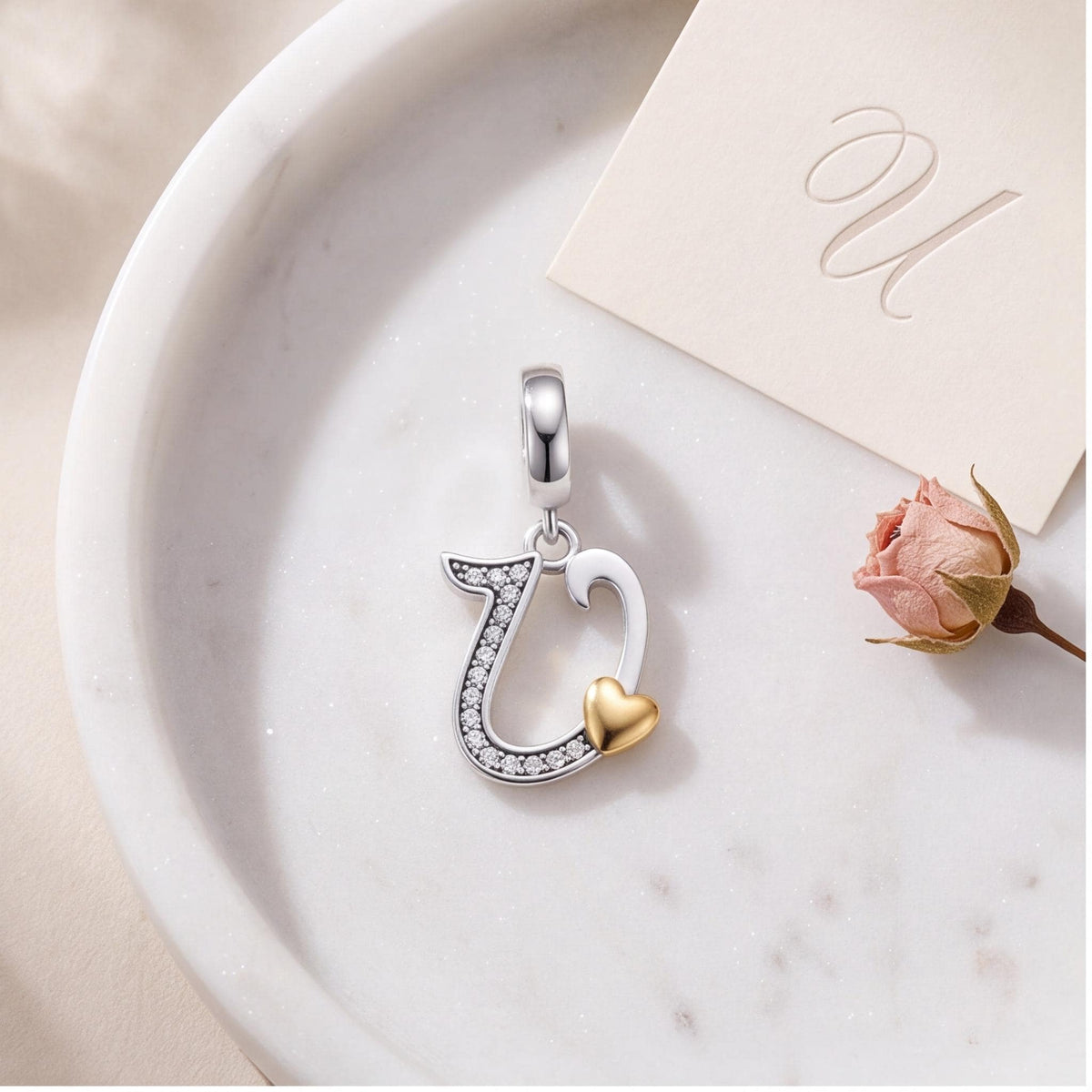 Letter U Heart Dangle, sterling silver dangle charm, photo 9