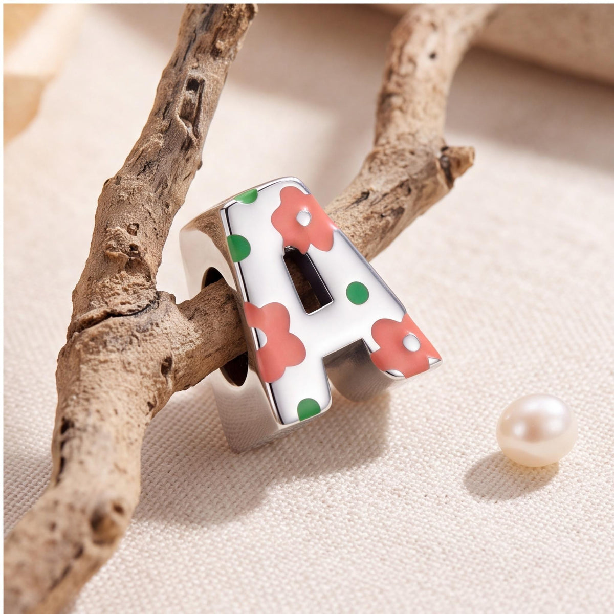 Floral Letter A Charm, sterling silver bead charm, photo 8