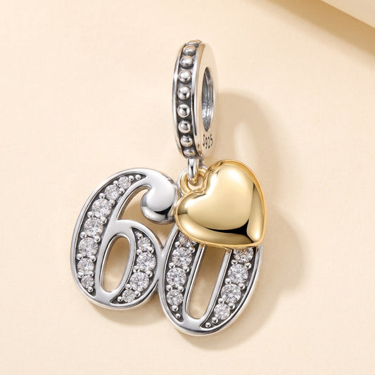 60th Birthday Heart Charm, 925 sterling silver charm, photo 1