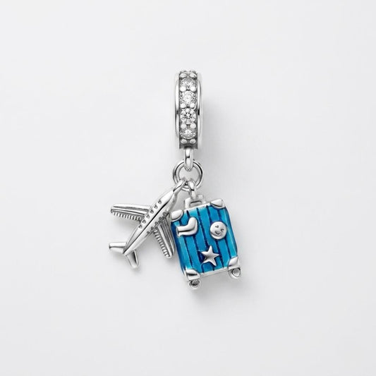 Airplane Suitcase Charm in 925 sterling silver with sparkling stones, fits European-style charm bracelets