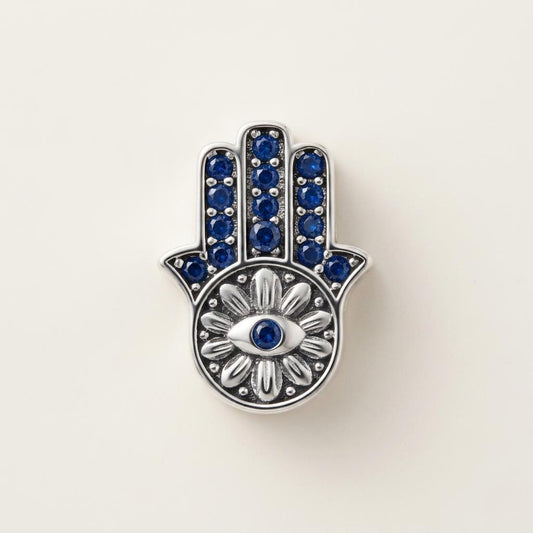 Hamsa Evil Eye Charm in 925 sterling silver with sparkling stones, fits European-style charm bracelets