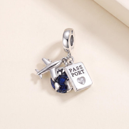 Wanderlust Travel Charm in 925 sterling silver with sparkling stones, fits European-style charm bracelets