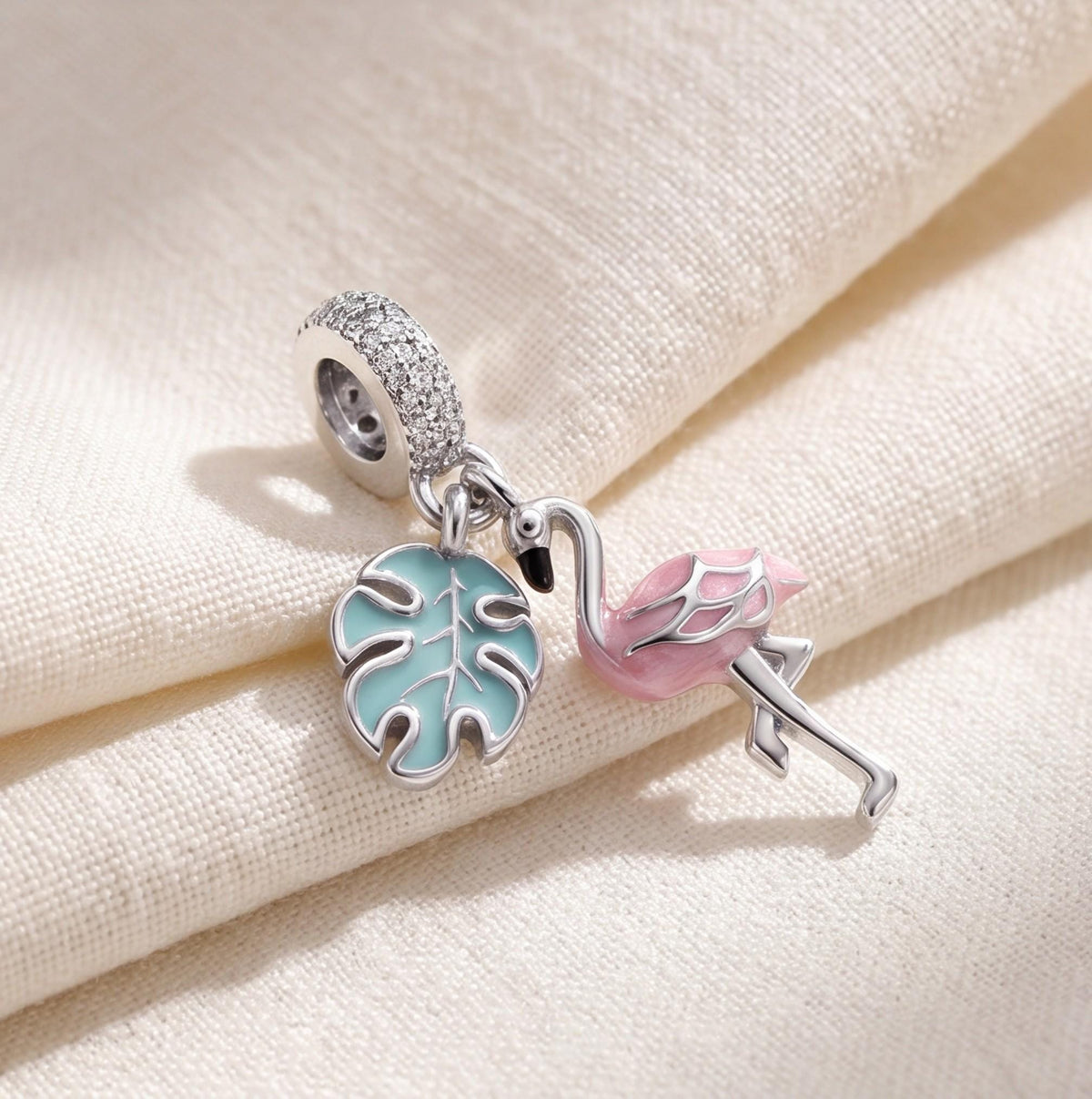 Flamingo Dangle Charm on a bracelet with other charms