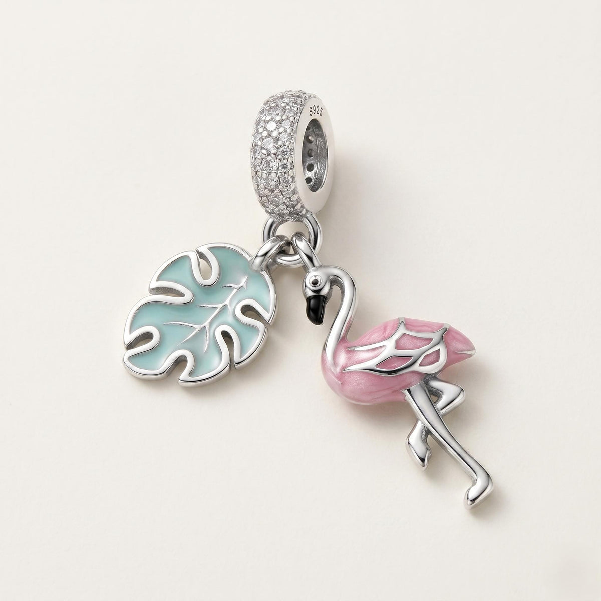 Flamingo Dangle Charm in 925 sterling silver with pink and blue enamel and sparkling stones