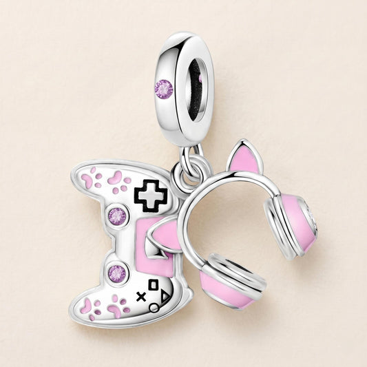 Pink Girl Gamer Charm in 925 sterling silver with pink enamel, fits European-style charm bracelets