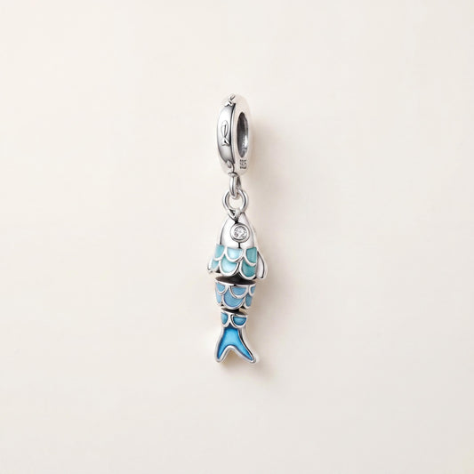 Articulated Blue Koi Fish Charm in 925 sterling silver with blue enamel and sparkling stones
