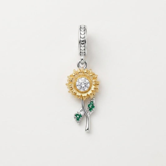 Sunflower Dangle Charm in 925 sterling silver with sparkling stones, fits European-style charm bracelets