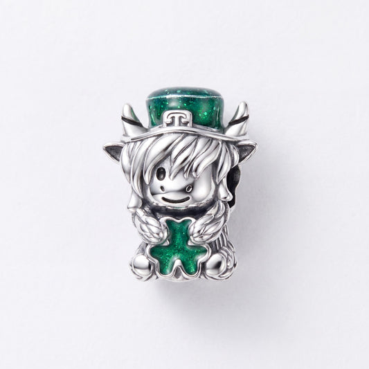 Lucky Highland Cow Bead in 925 sterling silver with green enamel, fits European-style charm bracelets