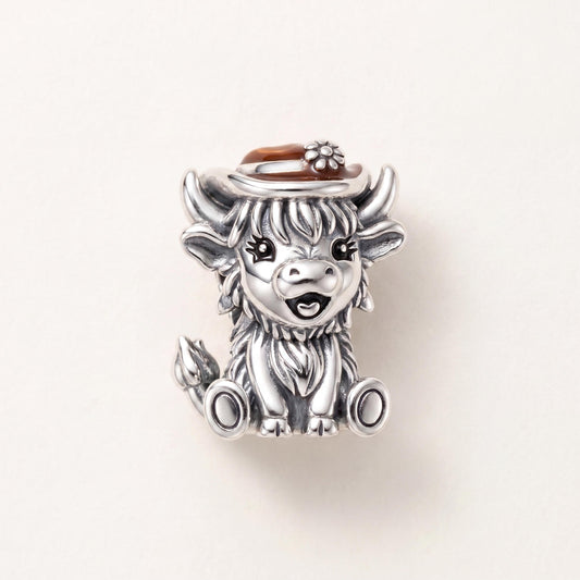 Highland Cow Cowboy Charm in 925 sterling silver with brown enamel, fits European-style charm bracelets