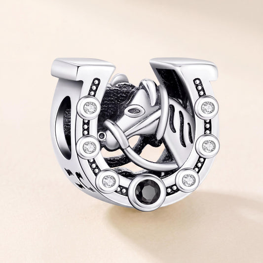 Horse Horseshoe Charm in 925 sterling silver with sparkling stones, fits European-style charm bracelets