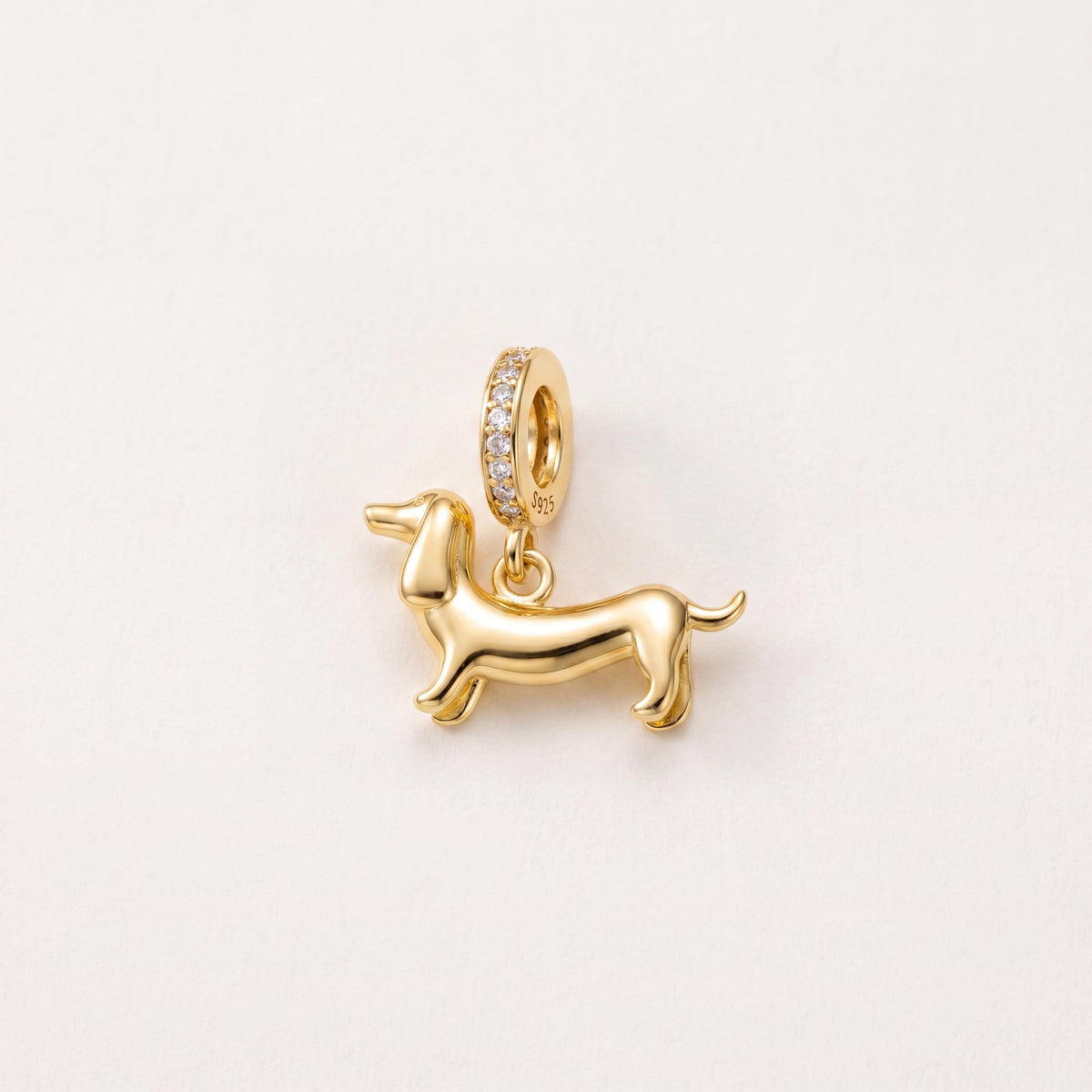 Dachshund Dangle in 925 sterling silver with sparkling stones, fits European-style charm bracelets