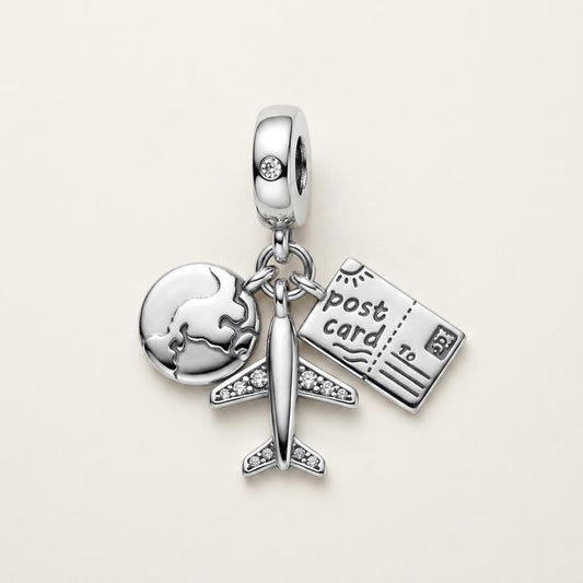 Aeroplane Globe Charm in 925 sterling silver with sparkling stones, fits European-style charm bracelets