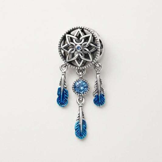 Dreamcatcher Feather Charm in 925 sterling silver with blue enamel and sparkling stones, fits European-style charm bracelets