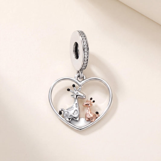Mother Baby Giraffe Heart Dangle in 925 sterling silver with rose gold and black enamel and sparkling stones