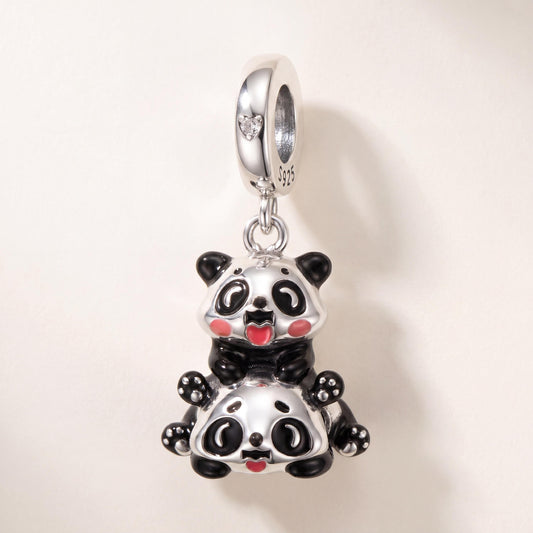 Mother Baby Panda Charm in 925 sterling silver with enamel and sparkling stones, fits European-style charm bracelets