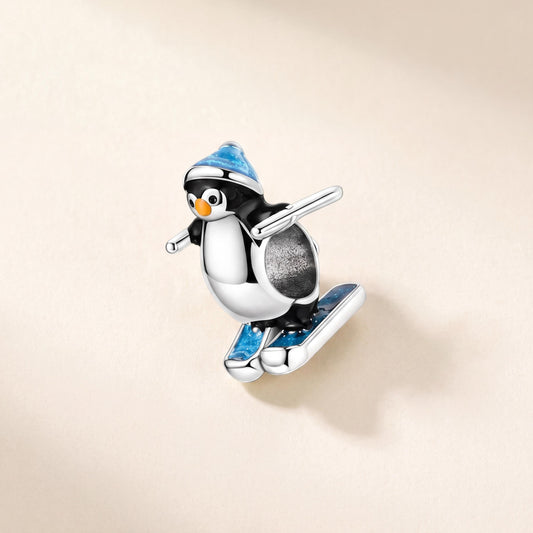 Snowboarding Penguin Bead in 925 sterling silver with blue and white enamel, fits European-style charm bracelets