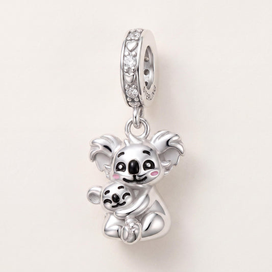 Koala Mother Baby Charm in 925 sterling silver with pink and black enamel and sparkling stones