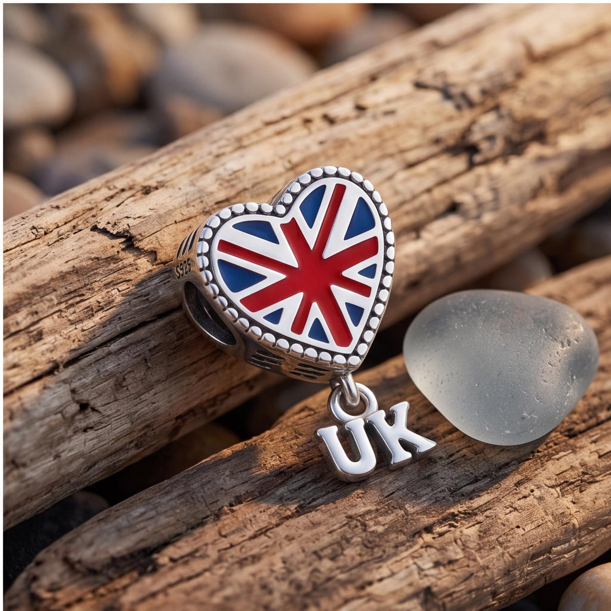 Union Jack Heart Dangle on a silver charm bracelet