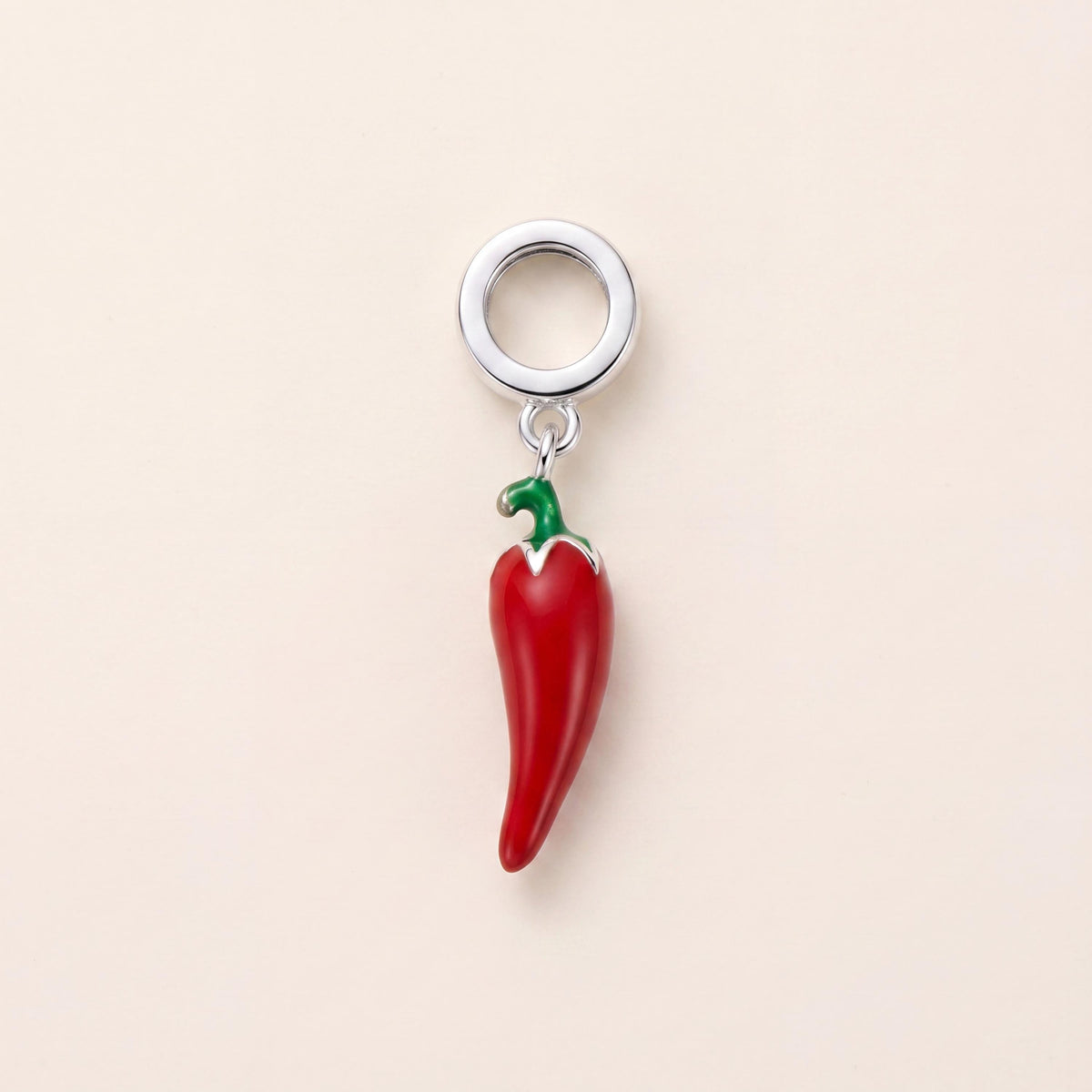 Red Chilli Pepper Charm in 925 sterling silver with red and green enamel, fits European-style charm bracelets
