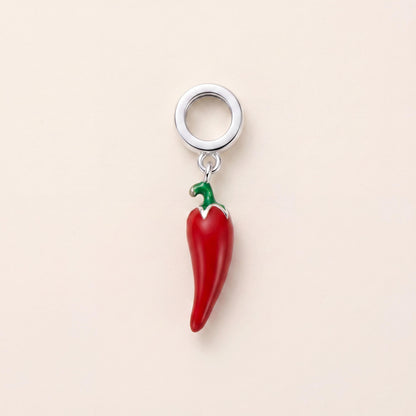 Red Chilli Pepper Charm in 925 sterling silver with red and green enamel, fits European-style charm bracelets