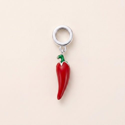 Red Chilli Pepper Charm in 925 sterling silver with red and green enamel, fits European-style charm bracelets