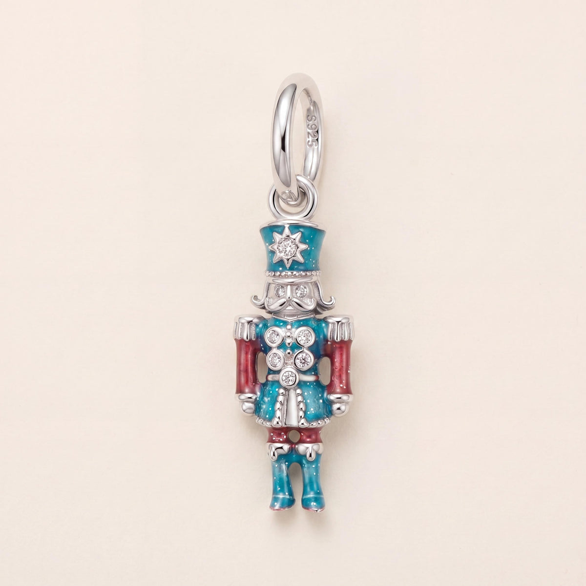Nutcracker Soldier Charm in 925 sterling silver with red and blue enamel and sparkling stones