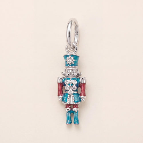 Nutcracker Soldier Charm in 925 sterling silver with red and blue enamel and sparkling stones