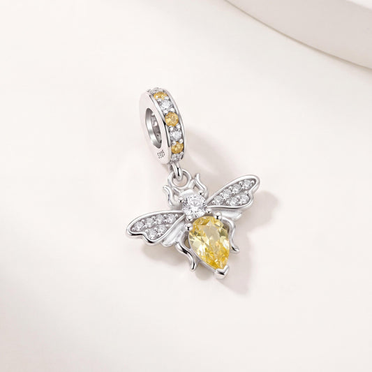 Yellow Honey Bee Dangle in 925 sterling silver with sparkling stones, fits European-style charm bracelets