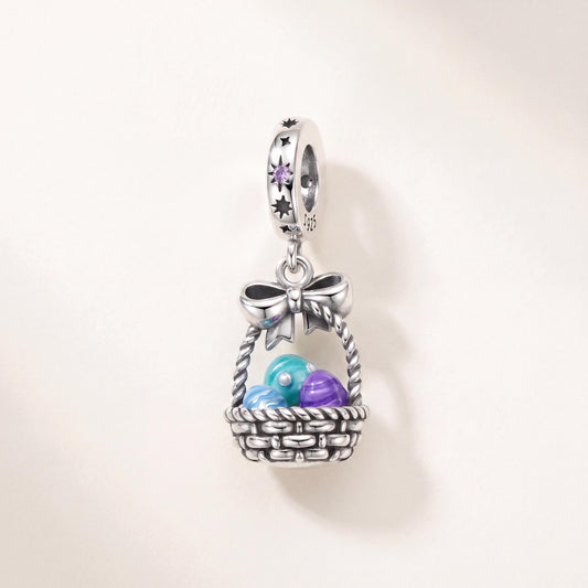 Easter Egg Basket Charm in 925 sterling silver with purple and blue enamel and sparkling stones