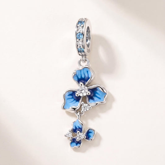 Blue Orchid Charm in 925 sterling silver with blue enamel and sparkling stones, fits European-style charm bracelets