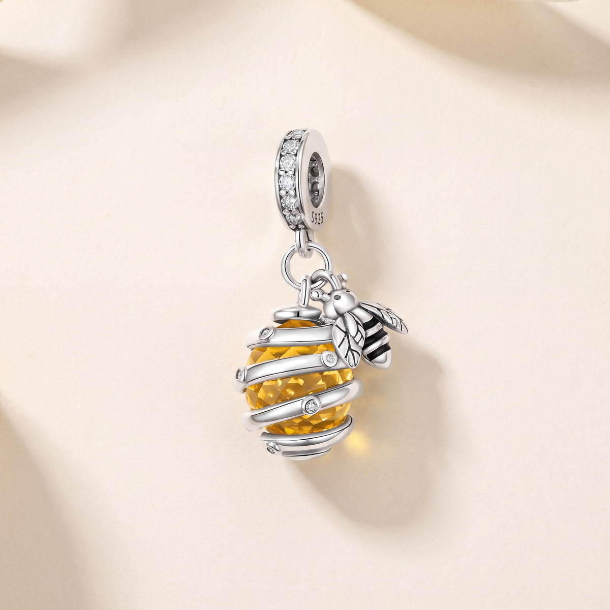 Bee Hive Dangle Charm in 925 sterling silver with sparkling stones, fits European-style charm bracelets