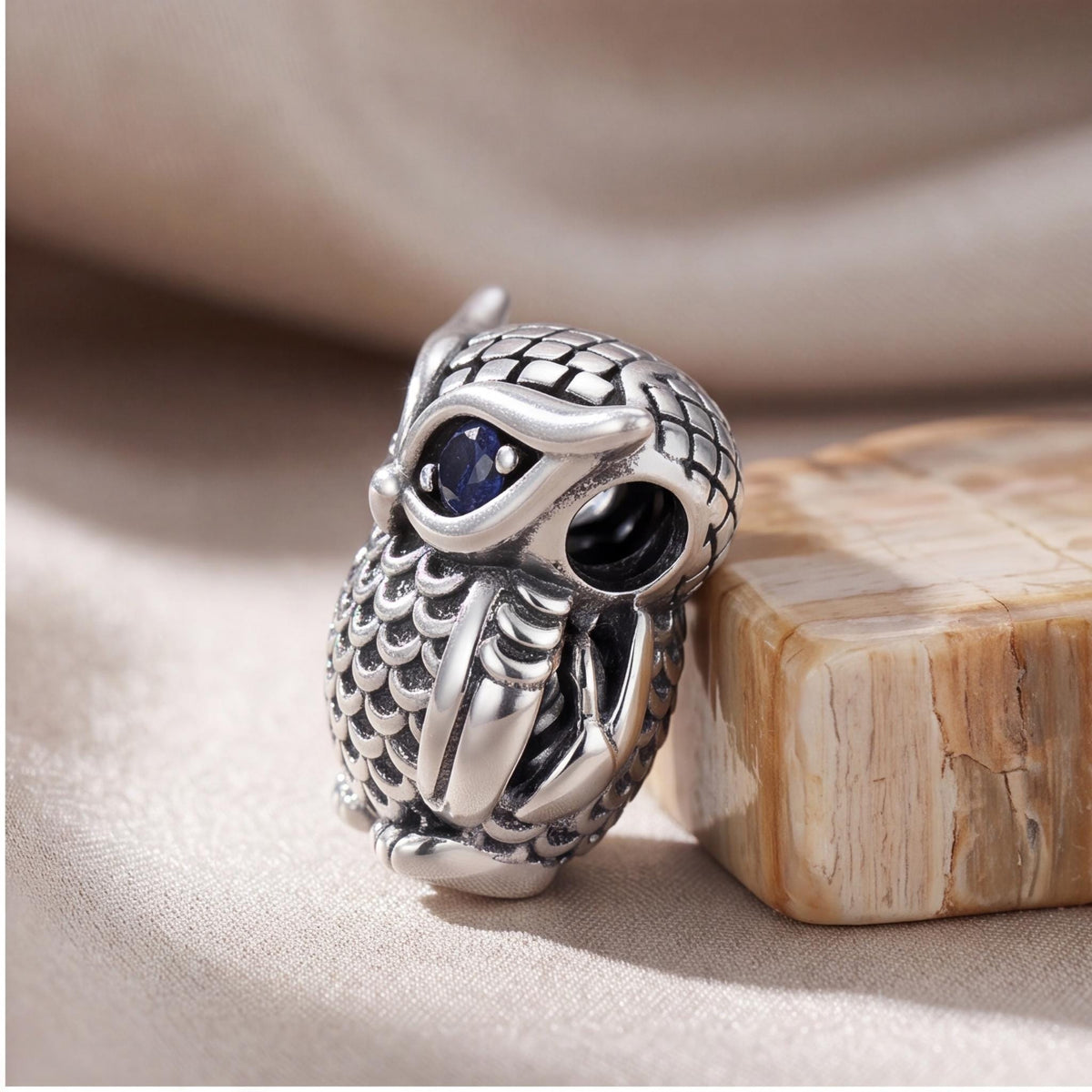 Wise Owl Charm on a silver charm bracelet