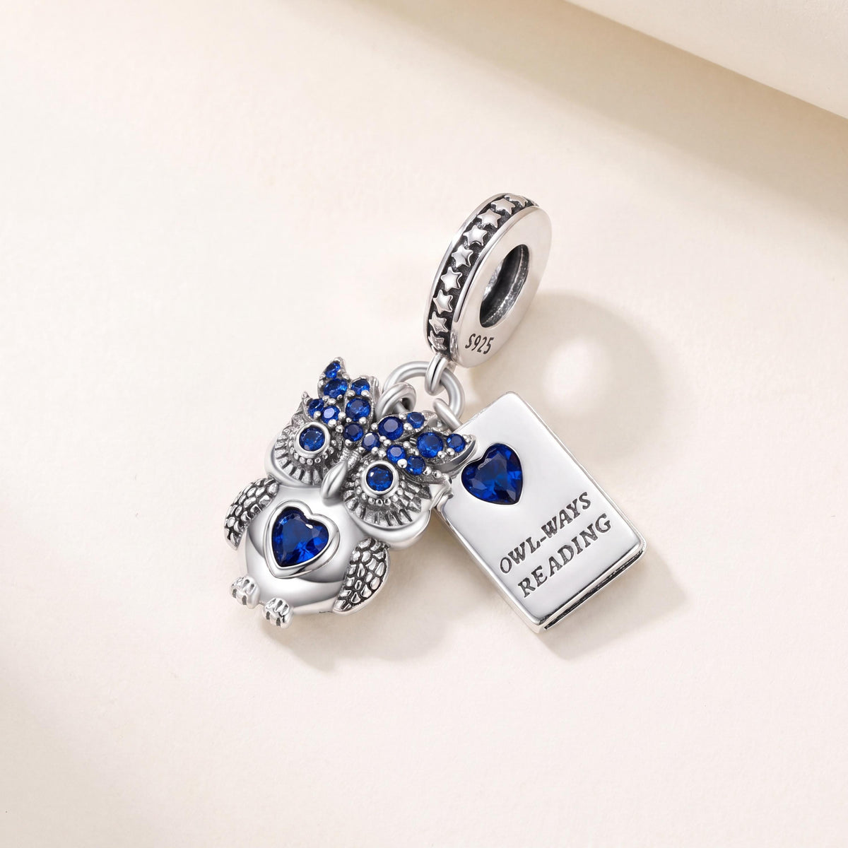 Owl Reading Book Charm in 925 sterling silver with sparkling stones, fits European-style charm bracelets