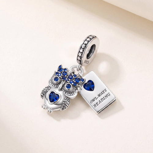 Owl Reading Book Charm in 925 sterling silver with sparkling stones, fits European-style charm bracelets