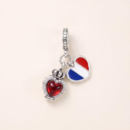 France Flag Heart Charm in 925 sterling silver with blue and white enamel and sparkling stones