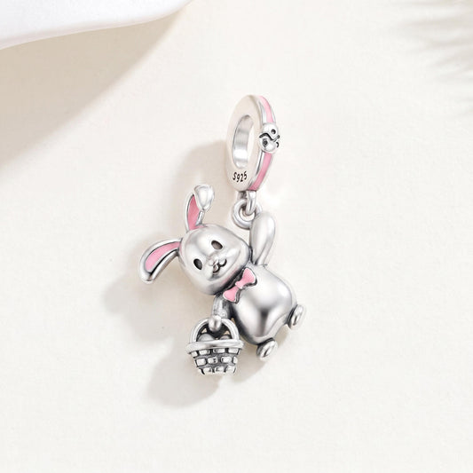 Bunny Basket Charm in 925 sterling silver with pink enamel, fits European-style charm bracelets