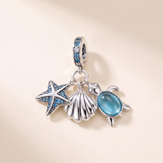 Sea Turtle Trio Charm in 925 sterling silver with sparkling stones, fits European-style charm bracelets