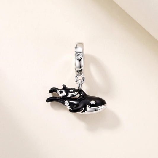 Orca Mother and Calf Charm in 925 sterling silver with black and white enamel and sparkling stones
