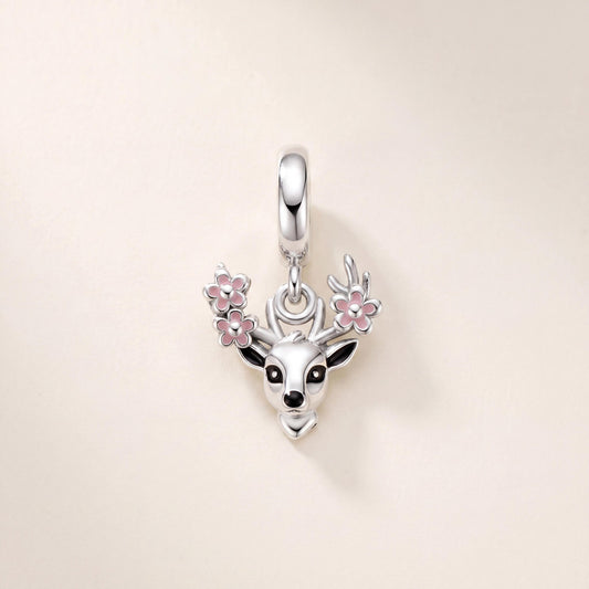 Pink Blossom Fawn Charm in 925 sterling silver with pink and black enamel, fits European-style charm bracelets