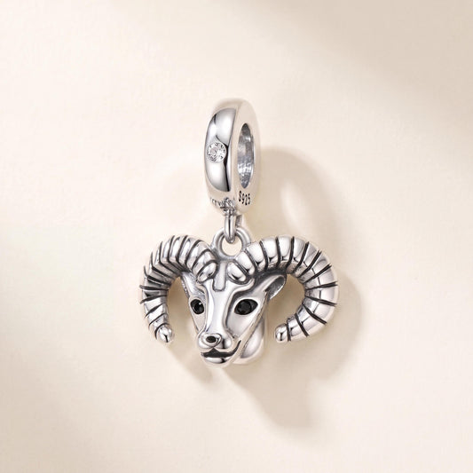 Black Stone Aries Ram Dangle in 925 sterling silver with sparkling stones, fits European-style charm bracelets