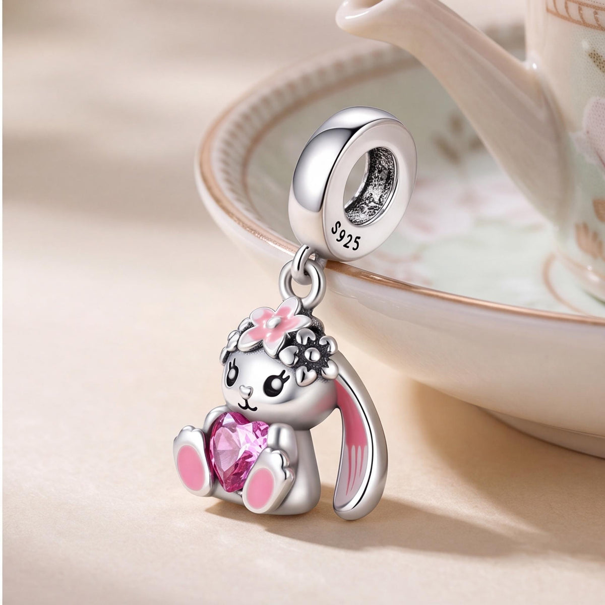 Pink Heart Bunny Dangle on a silver charm bracelet