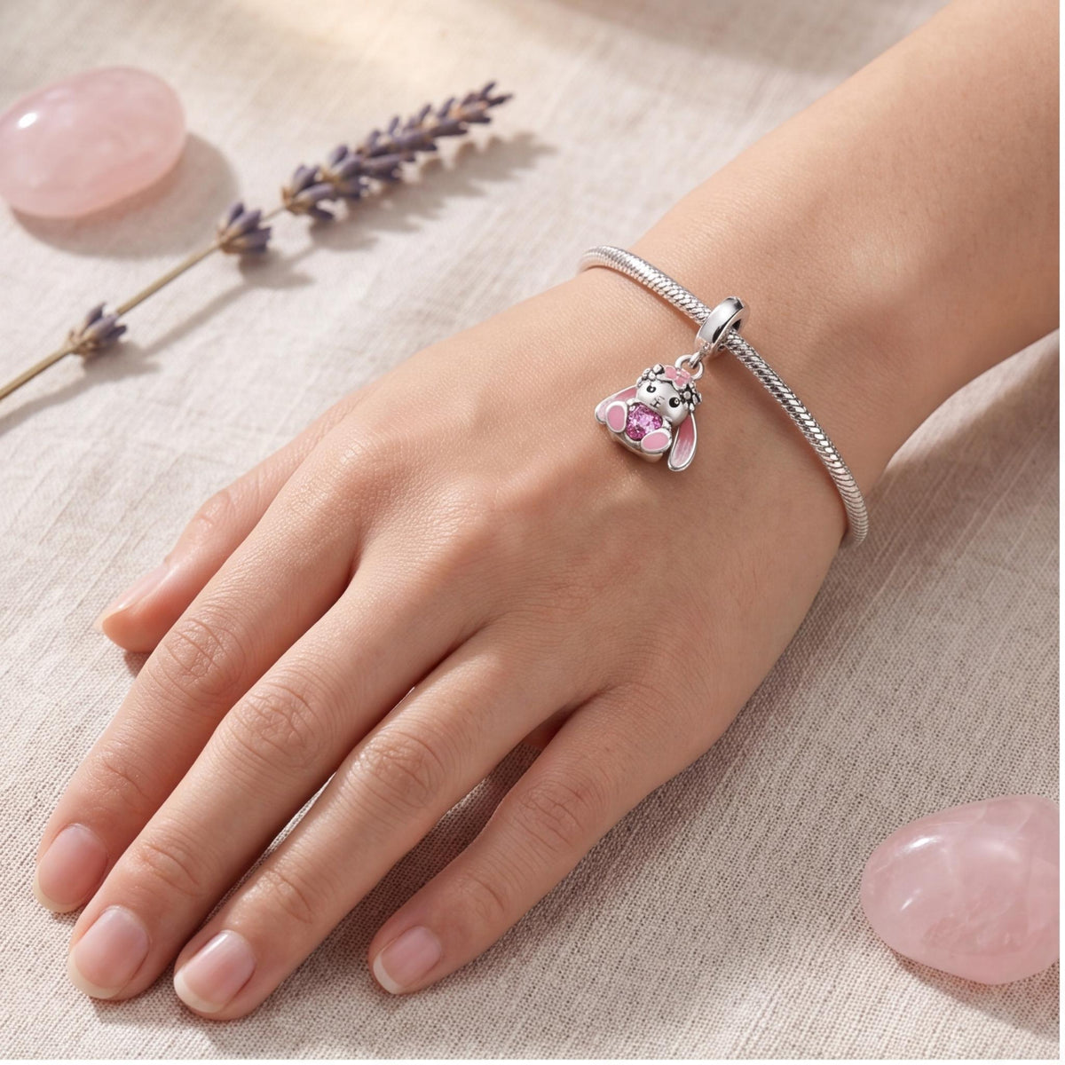 Pink Heart Bunny Dangle worn on a charm bracelet