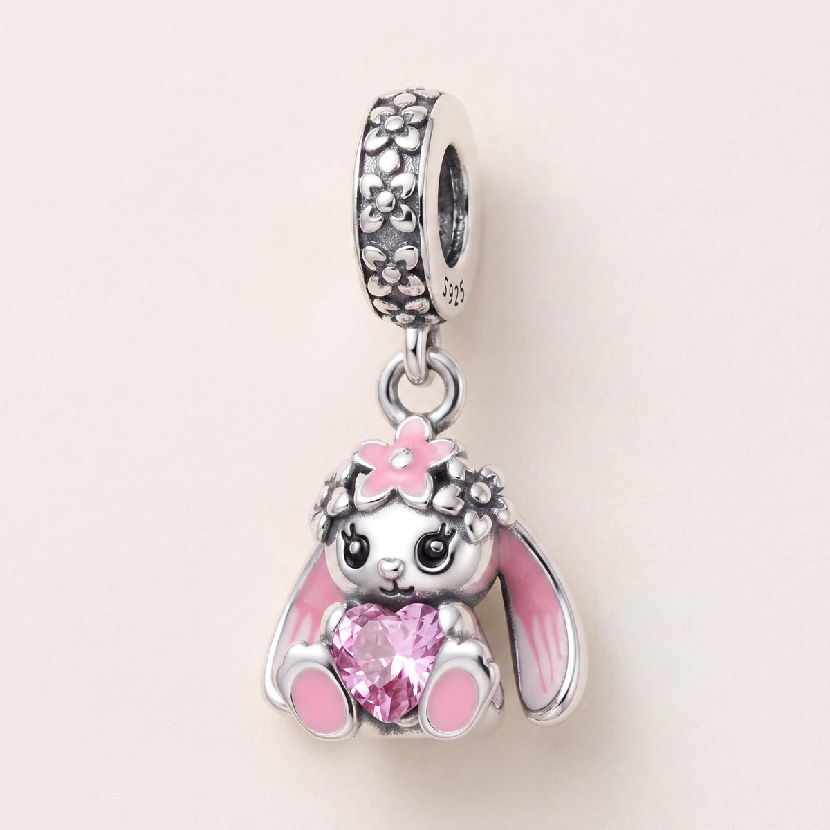 Pink Heart Bunny Dangle in 925 sterling silver with pink enamel and sparkling stones, fits European-style charm bracelets