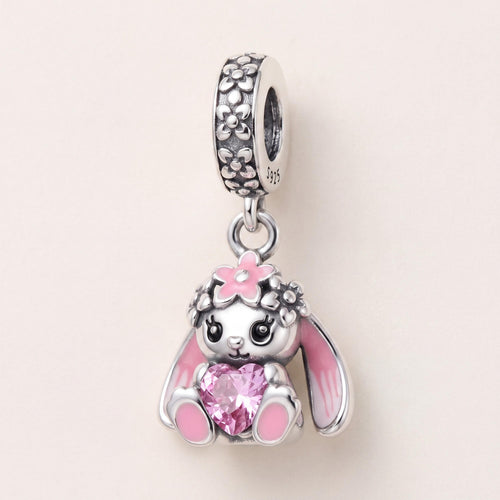 Pink Heart Bunny Dangle in 925 sterling silver with pink enamel and sparkling stones, fits European-style charm bracelets
