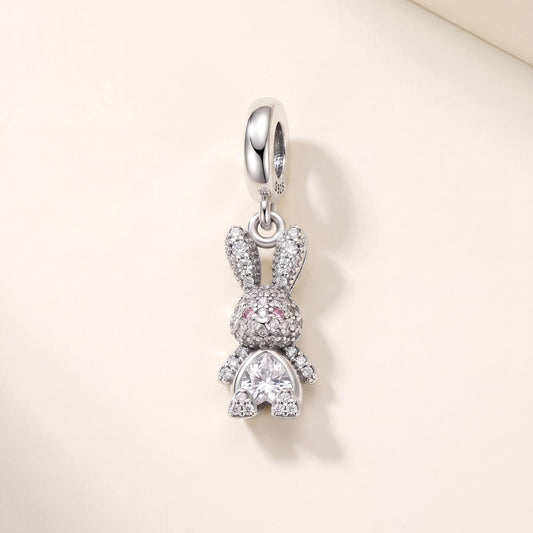 Sparkling Pink Cheek Bunny Dangle in 925 sterling silver with sparkling stones, fits European-style charm bracelets