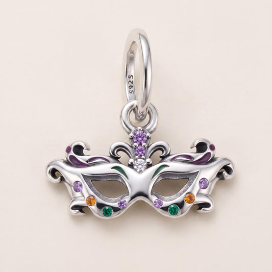 Purple Green Masquerade Mask Dangle in 925 sterling silver with purple and green enamel and sparkling stones