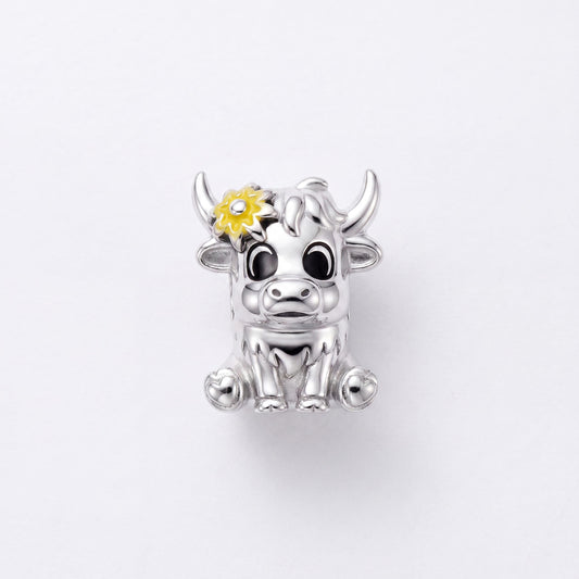 Sunflower Cow Bead in 925 sterling silver with yellow and black enamel, fits European-style charm bracelets
