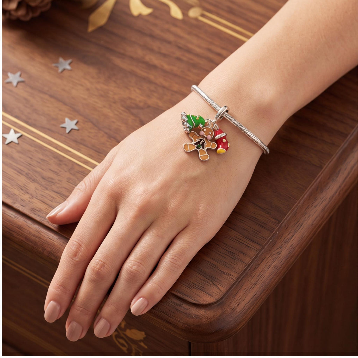 Gingerbread Cluster Charm on a bracelet with other charms