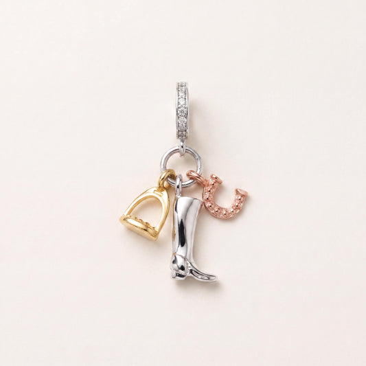Riding Boot Horseshoe Dangle in 925 sterling silver with sparkling stones, fits European-style charm bracelets